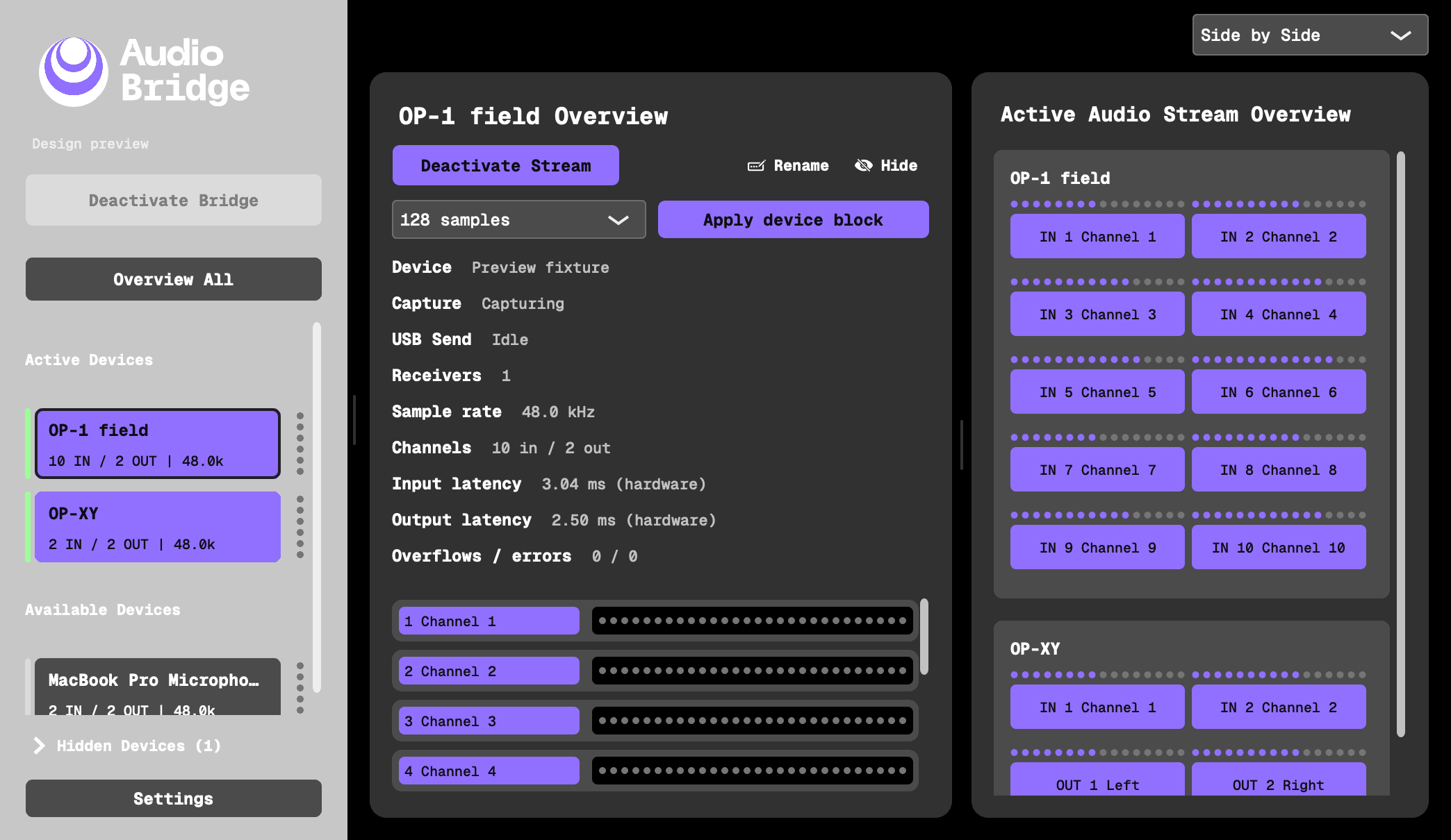 Audio Bridge interface preview with USB devices and audio channels